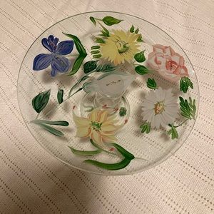 Never used Beautiful hand-painted glass cake stand and 3 plates